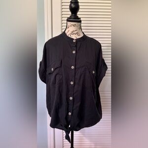 Philosophy Black Button Down Shirt with Tie at Hemline